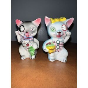 LEFTON Salt Pepper Shaker Set Jeweled Cats-Vintage Japan MCM Ceramic Matching
